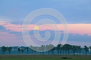 Full moon over meadows at sunrise