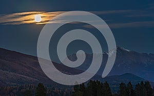 Full moon over mount Krivan peak - Slovak symbol - forest trees silhouettes in foreground, evening photo