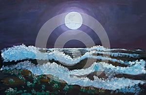 Full moon over ocean waves