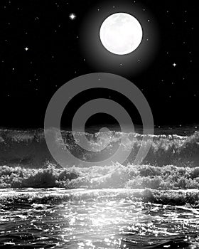 Full Moon Over the Ocean Waves with Stars at Night