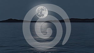full moon over the sea moon over water, illustrating the depth and the darkness of water. The moon is dark and gray