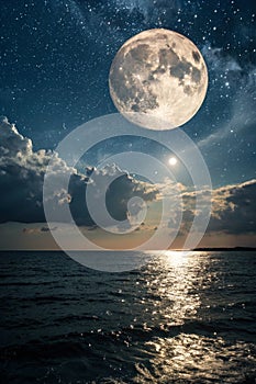 Full moon over sea. Night sky with full moon and reflection in sea, stars, beautiful clouds. Elements of this image furnished by photo