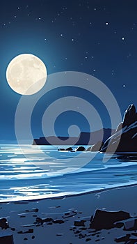 Full moon over the sea and rocks at night wallpaper for Notebook cover, I pad, I phone, mobile high quality images.