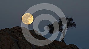 Full moon over solitary tree on a rocky hill