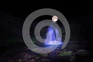 Full moon over water fall