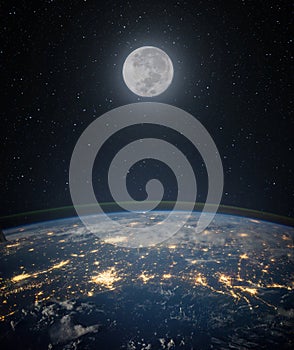 Full moon. and planet Earth against the background of the starry night sky. Space background with Earth and satellite Moon.