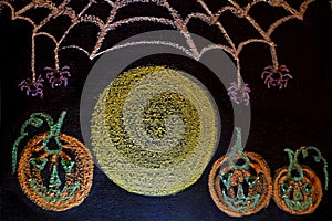 Full moon, pumpkins and spider webs at night in Halloween