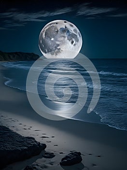 a full moon is reflected in the water at night