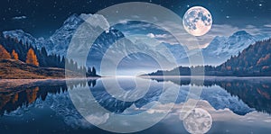 Full Moon Reflecting on a Tranquil Mountain Lake