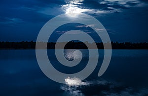 Full moon with reflection in sea. Beautiful nature background.