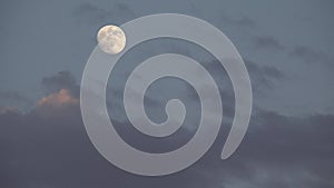 Full Moon Rises in Clouds on Crepuscular Sky, Dusk Light View, Evening Astrology, Timelapse