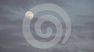 Full Moon Rises in Clouds on Crepuscular Sky, Dusk Light View, Evening Astrology, Timelapse