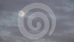 Full Moon Rises in Clouds on Crepuscular Sky, Dusk Light View, Evening Astrology, Timelapse