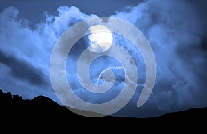 Full Moon rising behind some clouds clouds