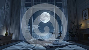 a full moon shining through an open window, casting a gentle glow into a cozy bedroom, creating a tranquil nighttime