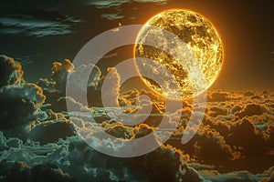 Full moon in the sky, surrounded by clouds, orange glow on top of the full moon, cinematic