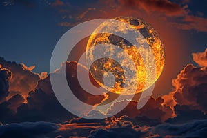 Full moon in the sky, surrounded by clouds, orange glow on top of the full moon, cinematic