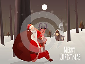 Full Moon Snowy Background with Chimney House, Sleeping Santa Claus, Heavy Sack and Cartoon Reindeer for Merry Christmas