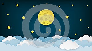 Full moon, stars, and clouds on the dark midnight sky background. Night sky scenery background. Paper art style.