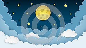 Full moon, stars, clouds on the dark midnight sky background. Night sky scenery background. Paper art style.