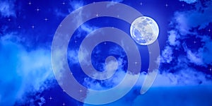 Full Moon and Stars in Cloudy Blue Night Sky Banner