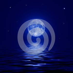 Full moon and stars reflected in the water surface