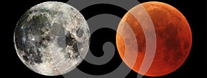 Full moon and total eclipse of the Moon comparison. Elements of this picture furnished by NASA