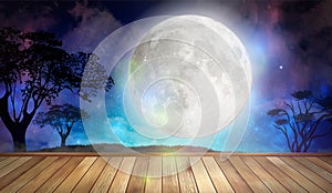 Full moon and trees close up, night sky , wood stage background