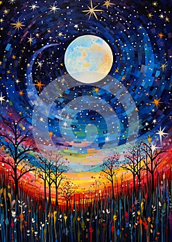 The Full Moon, Trees, Stars, and Sky Radiate Connection on a Lar