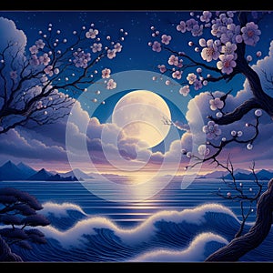 A full moon with twilight sky, night, serenity sea, branches of tree, flower, painting art, Japanese cartoon, mountains, clouds