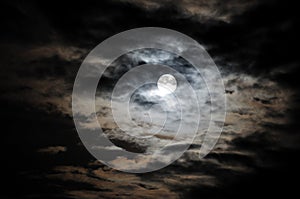 Full moon and white clouds on black night sky