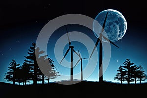 Full Moon & Windmills on Hill: Dark Blue Sky with Stars, generative ai