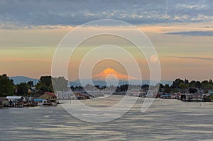 Full Moonrise over Mount Hood along Columbia River in Portland Oregon