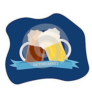 Full mug of beer. The inscription on the Oktoberfest banner. Oktoberfest. Vector. dark beer and light beer