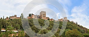 Full panoramic view at the Alhambra citadel, from Paseo de los Tristes, walk of the sad The Promenade of the Sad, Granada, Spain photo