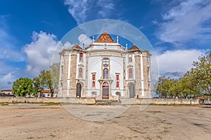 Full panoramic view of the classic baroque building, Lord Jesus da Pedra Sanctuary, Catholic religious building in Obidos,