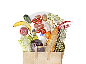 Full, paper bag, buy, food, set, consumer, Flat lay