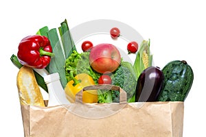 Full paper bag of different health food on a white background