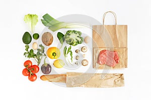 Full paper bag healthy food white background Healthy eating back