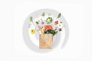Full paper bag healthy food white background Healthy eating background