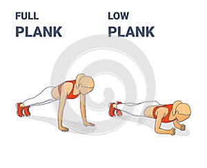 Full Plank and Elbow Plank Girl Workout Exercises Concept. photo
