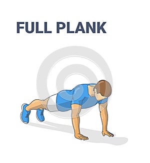 Full Plank Male Home Workout Exercise Guidance Illustration. Sporty Man Working at Home on His Abs.