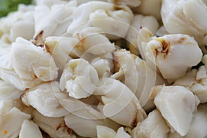 Full plate of fresh crab meat of boiled stone Crab decorated with vegetable side dish, Cheliped of the crab