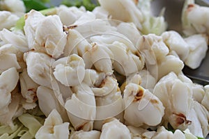 Full plate of fresh crab meat of boiled stone Crab decorated with vegetable side dish, Cheliped of the crab