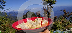 A Full plate vegetable momo is served in a offbeat mountain village