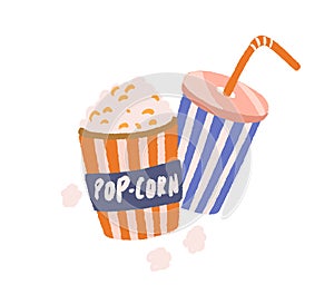 Full popcorn bucket and soda drink cup with straw in retro style. Pop-corn box and beverage. Cinema food concept