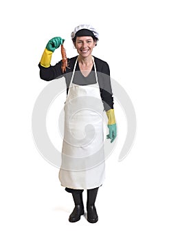 Full portrait of a fishmonger showing a prawns