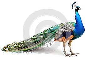 Full portrait of a peacock with vibrant tail feathers. Concept of ornithology, bird elegance, feather patterns, and