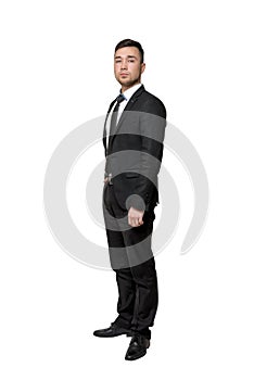 Full portrait of young business man, put his hand in pocket, isolated on a white background