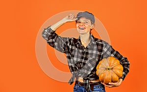 Full of positivity. Happy Thanksgiving day. Happy halloween. Healthy food growing. retro woman hold pumpkin. girl with